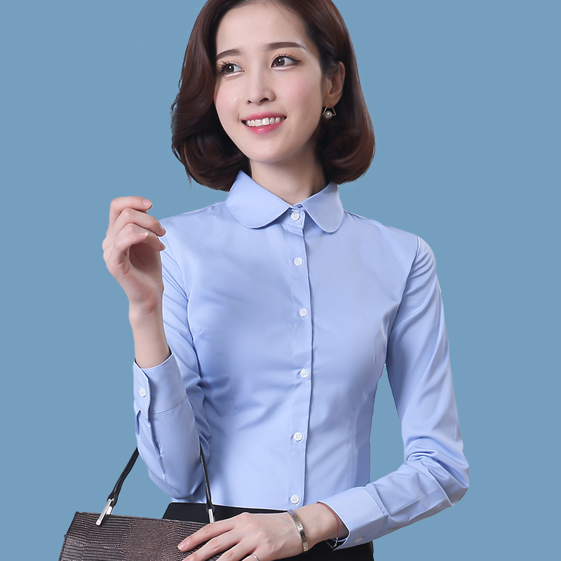 襯衫女長袖圓領加厚加絨保暖鼕2017新款職業裝工裝工作服襯衣藍色