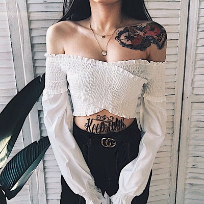 ZZ骨ZZ欧美性感一字领木耳边褶皱交叉露肚脐荷叶袖显瘦长袖T恤-淘宝网