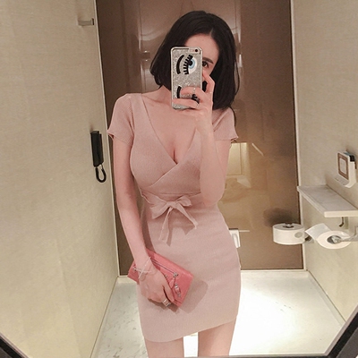 allien韩国正品代购2018夏款前后两穿性感低胸V领绑带针织连衣裙-淘宝网