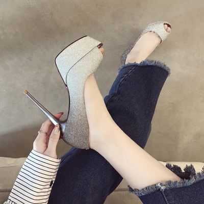 车模高跟鞋2018新款鱼嘴渐变色亮片超高防水台12cm夜场高跟鞋超细-淘宝网