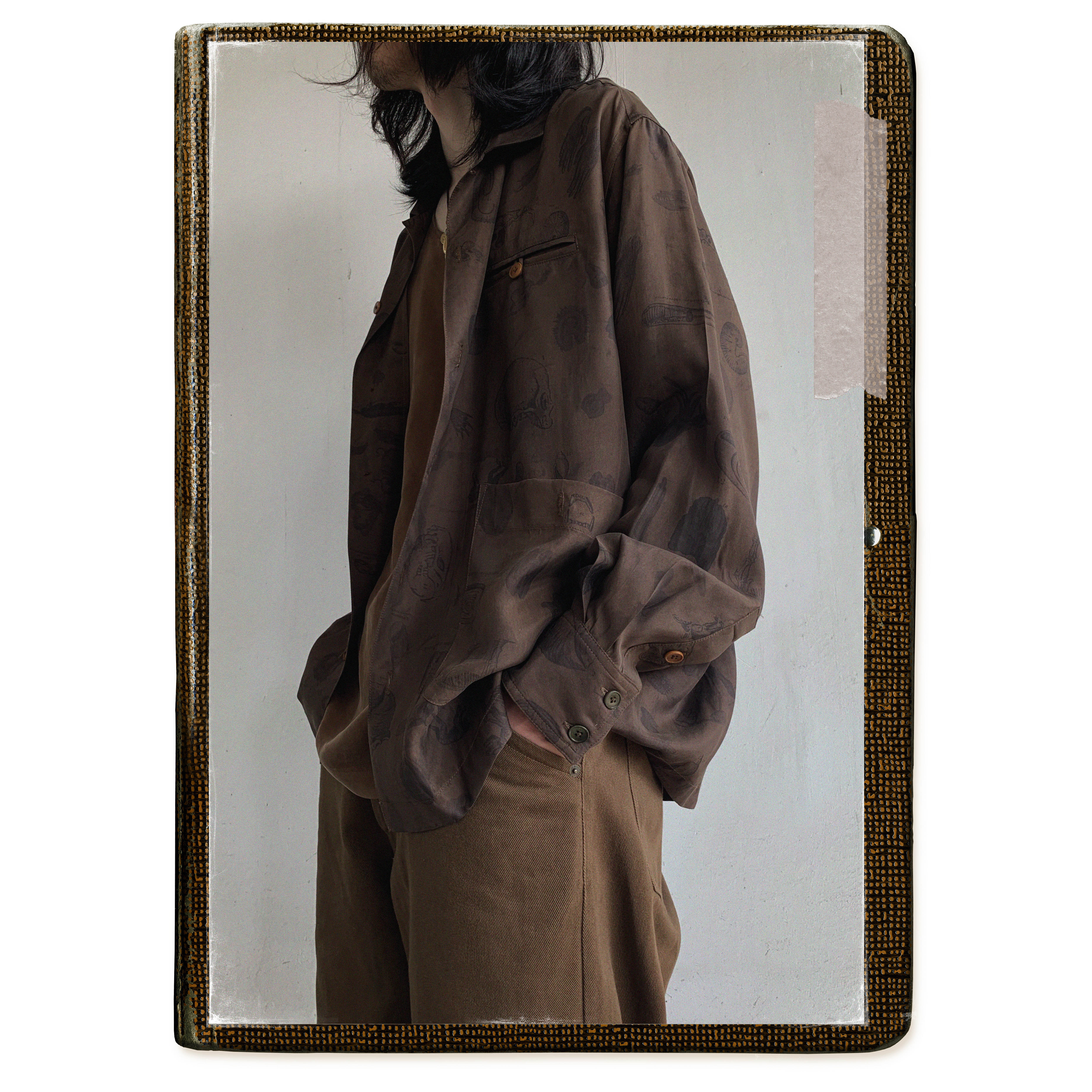 1533 | Antique printed silk long-sleeved shirt spring and summer loose drape Japanese original retro shirt trend