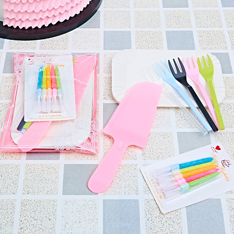Cake Knife and Fork Plate Set Disposable Paper Tray Birthday Tableware Party Supplies Dinner Plate Candle Combination Free Shipping