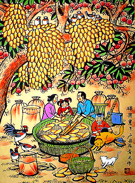 硕果累累饭店农家乐院装饰字画农村剥玉米户县农民画尺寸52x38cm
