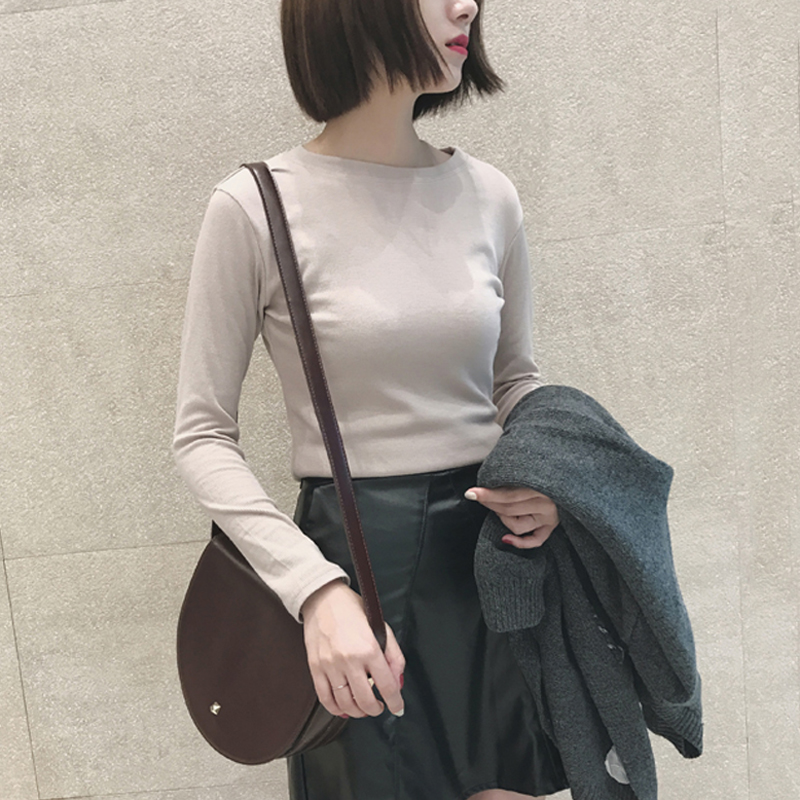 2017秋季新款純色簡約修身內搭長袖t恤韓版百搭打底衫上衣女學生