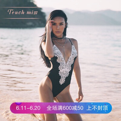 Touch Miss温泉泳衣女性感遮肚泳装新款黑色连体游泳衣蕾丝比基尼-淘宝网