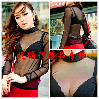 爆款!超薄性感韩版透明网眼网纱T恤圆领低领网衫打底衣长袖夜店装-淘宝网