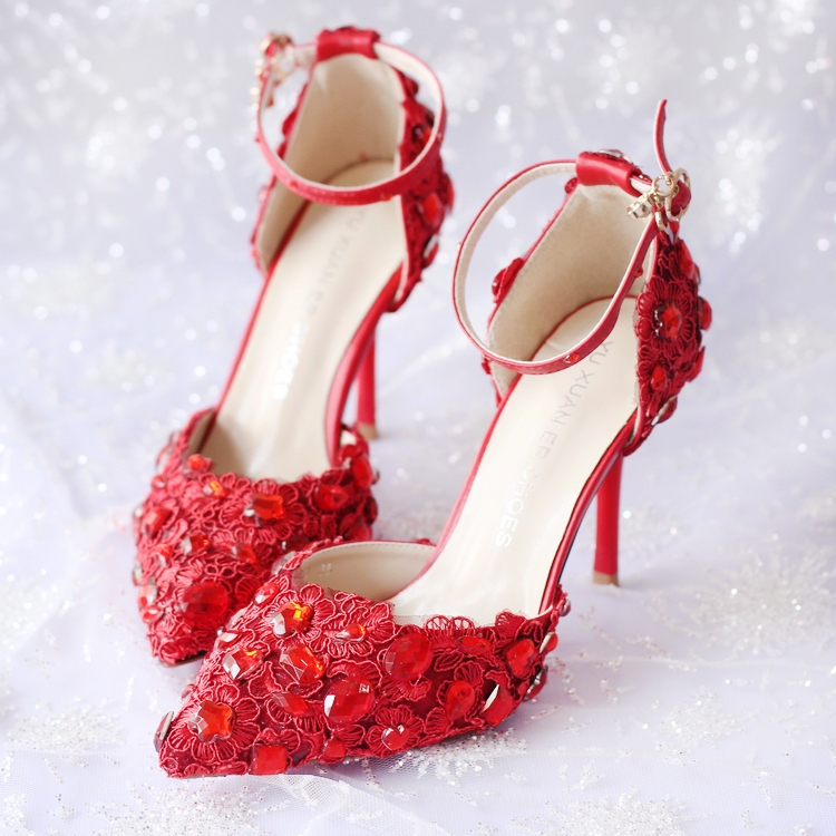9釐米紅色蕾絲水鑽新娘鞋高跟細跟結婚鞋禮服鞋一字帶尖頭女涼鞋