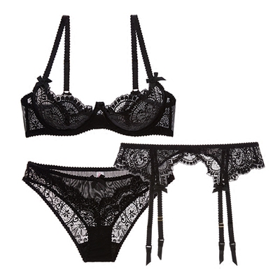 少女美屋超薄蕾丝文胸性感黑色诱惑内衣内裤吊袜带丝袜 三件套装-淘宝网