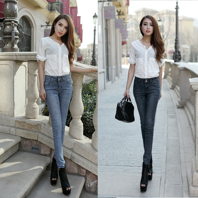 包邮2018秋季新款韩版中腰女式牛仔裤女士修身显瘦小脚裤铅笔裤P8-淘宝网