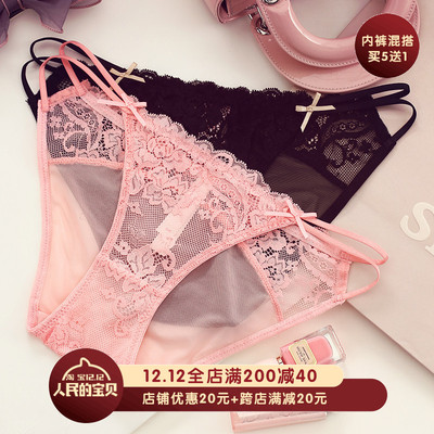 五送一日系低腰内裤少女性感大码蕾丝纯棉裆三角网纱火辣红色丁字-淘宝网