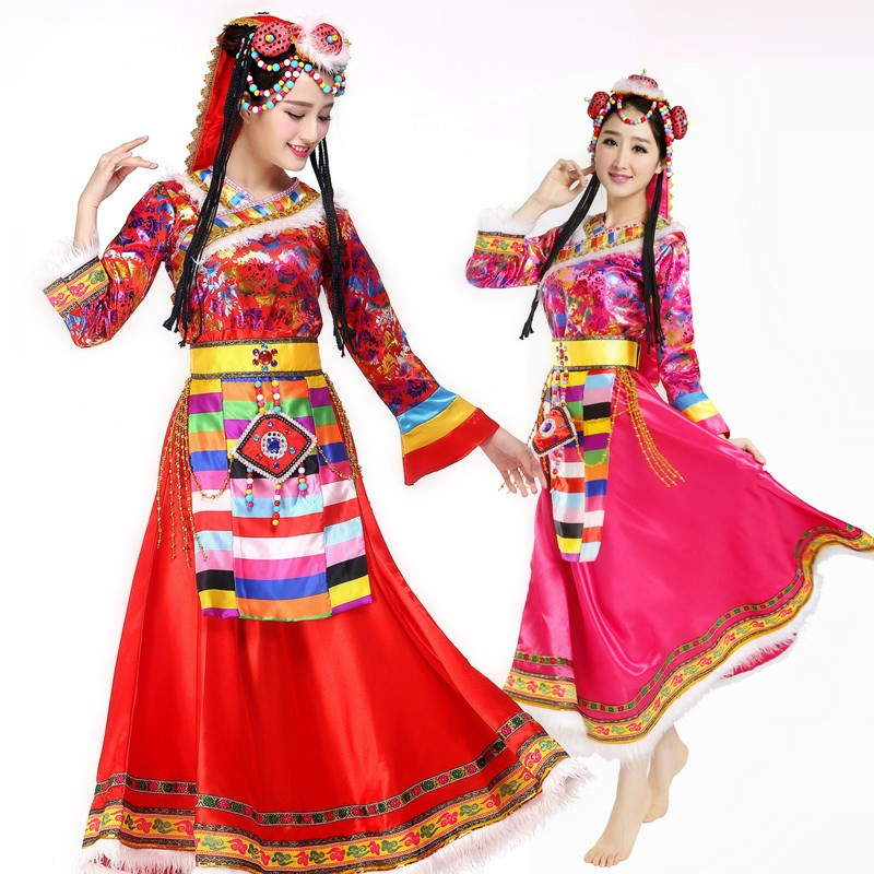 新款藏族舞蹈演出服裝女少數民族服裝成人西藏表演服水袖修身長裙