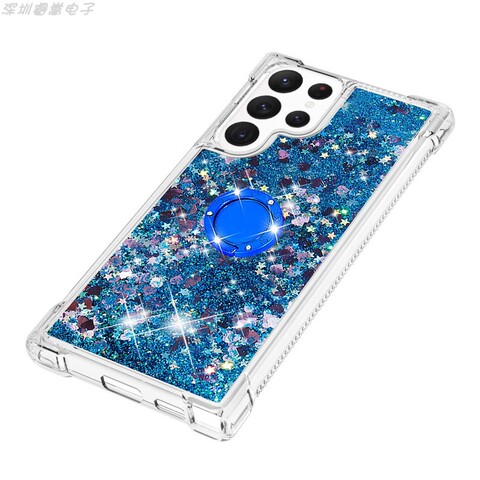 Blue — Liquid Quicksand Girls Shiny Glitter Bling Silicone TPU With Ring Bracket Kickstand S23, S23 Plus, S23 Ultra Samsung