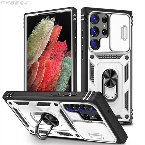 Sliding Camera Lens Protection Ring Kickstand Tough Shockproof S23, S23 Plus, S23 Ultra Samsung Phone Case