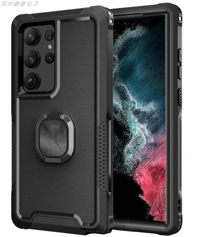 Black — Tough Shockproof 3 Layer 360 Degrees Full Protection Finger Ring Kickstand S23, S23 Plus, S23 Ultra Samsung Phone