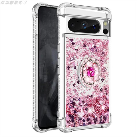 Red — Girls Shiny Liquid Quicksand Glitter Bling Silicone TPU With Ring Finger Holder Kickstand 8, 8 Pro Google Pixel Phone