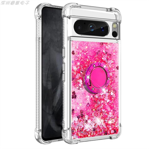 Pink — Girls Shiny Liquid Quicksand Glitter Bling Silicone TPU With Ring Finger Holder Kickstand 8, 8 Pro Google Pixel Phone