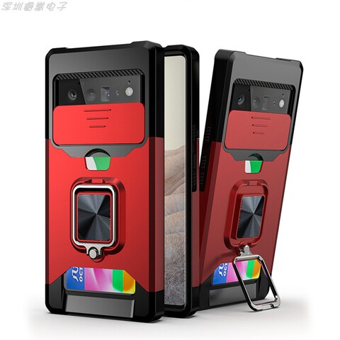 Red — Sliding Lens Tough Shockproof Kickstand Function Airbag 4 Corner Shock Absorbing 8, 8 Pro Google Pixel Phone Case