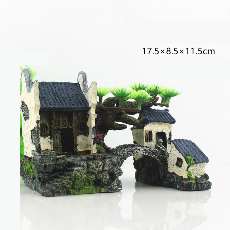 Fish Tank Landscape Rockery Aquarium Decorative Resin House Jiangnan Cottage Water Town Building Yunhe Building Imitating Stone Ornaments