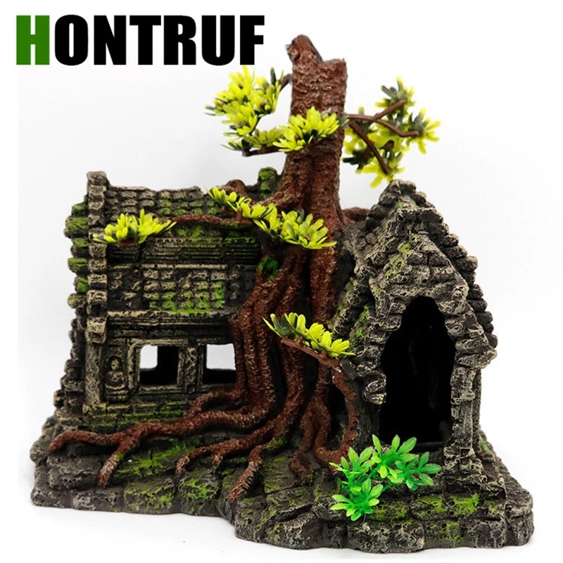 Fish Tank Rockery Landscape Tree House Aquarium Decoration Fake Water Grass Tree House Creative Wooden House Decoration Shelter Hole