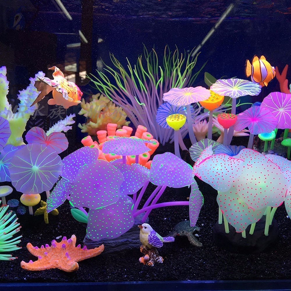 Free Shipping Fish Tank Landscaping Decorations Simulation Jellyfish Coral Stone Sea Water Aquarium Set Water Plants Fluorescent Mushroom Lotus Leaf