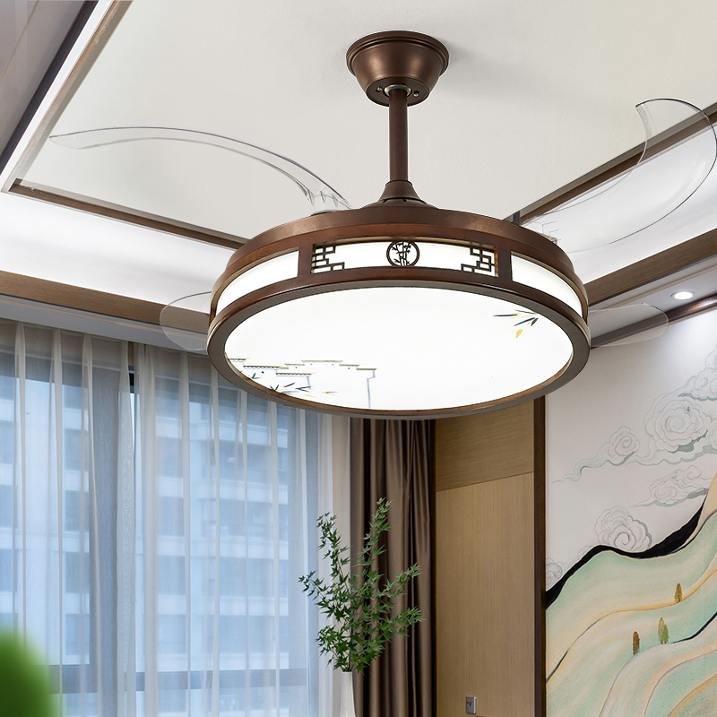 New Chinese Invisible Fan Lamp Solid Wood LED Lamp 2022 New Walnut Color Living Room Dining Room Chandelier