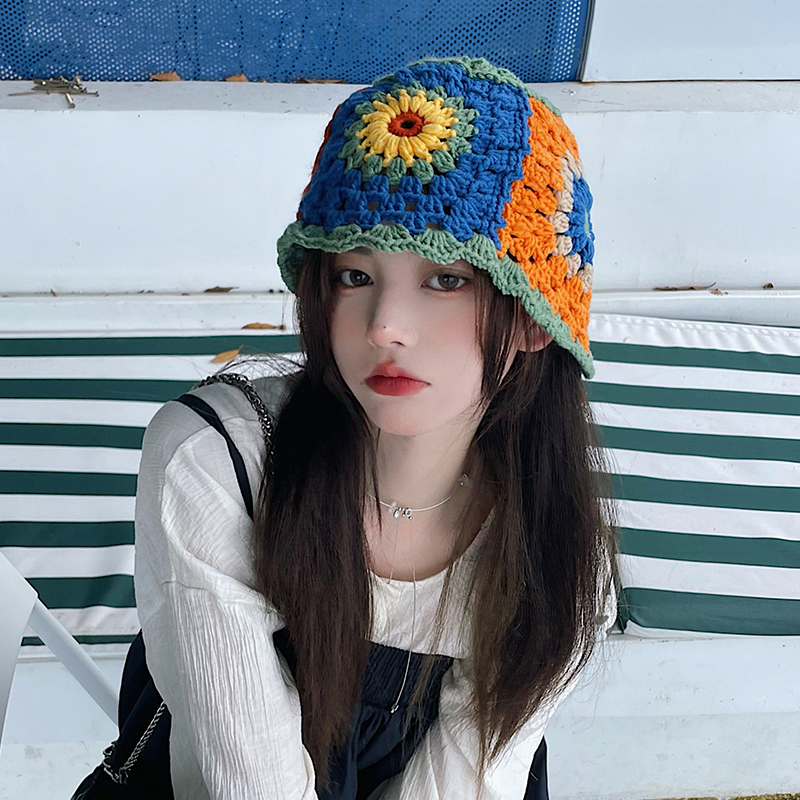 Japanese Flower Bucket Hat Women's Summer Hat Elegant Hollow Knitted Woolen Cap Face-Showing Little Autumn Winter Internet Celebrity Bucket Hat