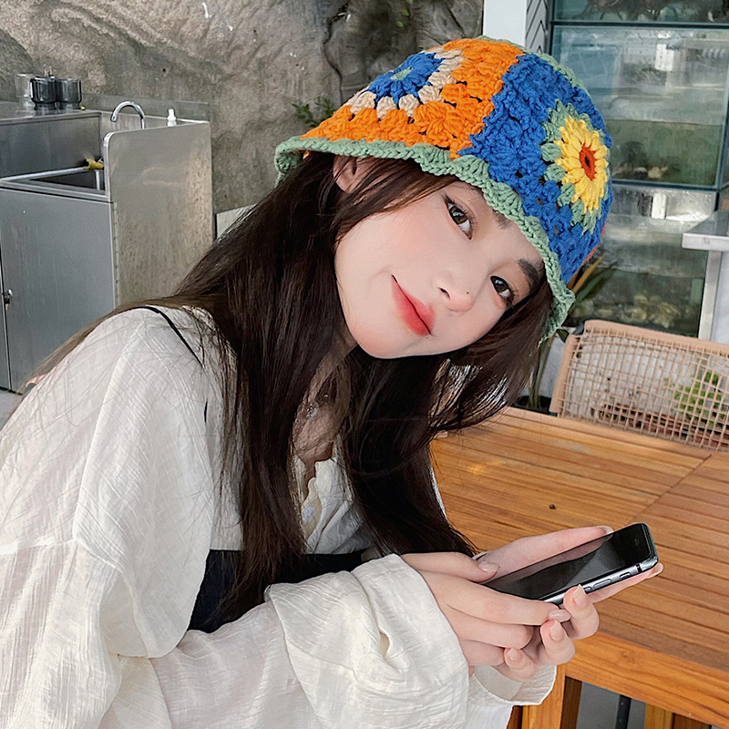 Japanese Flower Bucket Hat Women's Summer Hat Elegant Hollow Knitted Woolen Cap Face-Showing Little Autumn Winter Internet Celebrity Bucket Hat