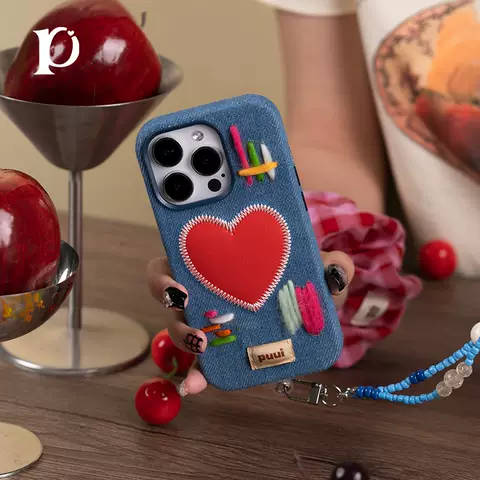 Puui Girls Phone Cases Covers Denim Stitched Heart Chic Stylish With Wrist Lanyard Strap iPhone 14, iPhone 13, iPhone 12