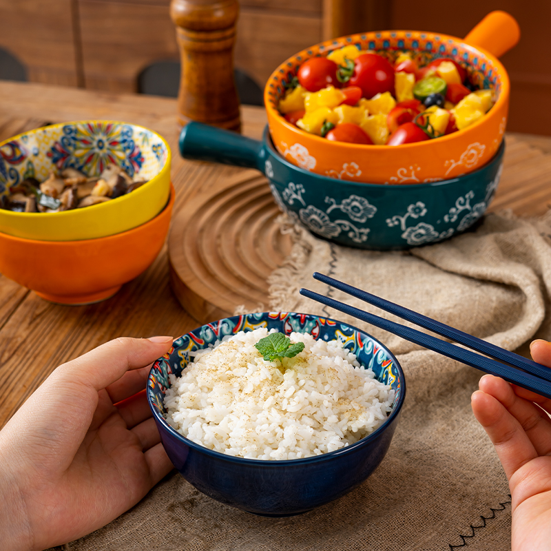 Bohemian Ceramic Handle Bowl Household Rice Watchband Breakfast Cup Bowls and Chopsticks Spoon Cutlery