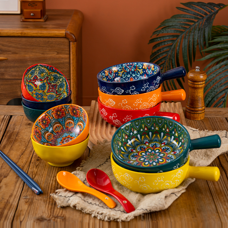 bohemian ceramic handle bowl household rice watchband breakfast cup bowl spoon chopsticks stall