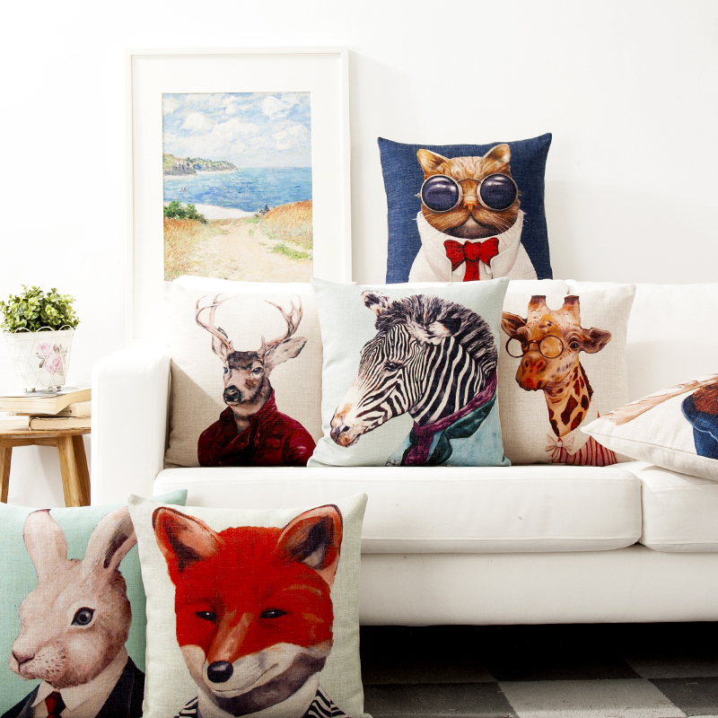 Animal Cartoon City Nordic Home American Cotton and Linen Cushion Case Breathable Backrest Back Seat Cushion Office Sofa Cushion