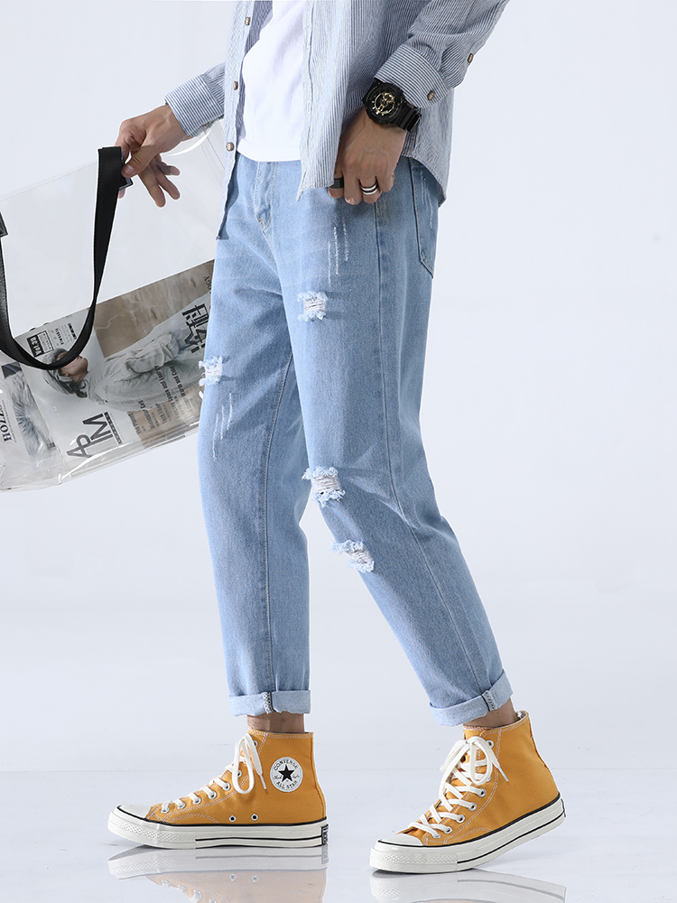 trous de 9 points de jeans pour hommes slim fit de petits pieds l'été peplum joker pantalon version coréenne de la tendance de la force élastique d'un mendiant pantalon trous de 9 points de jeans pour hommes slim fit de petits pieds l'été peplum joker pantalon version coréenne de la tendance de la force élastique d'un mendiant pantalon
