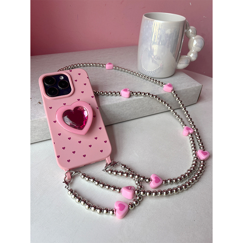 Girls Ruby Heart Telescopic Grip Stand With Crossbody Lanyard Strap Phone Case