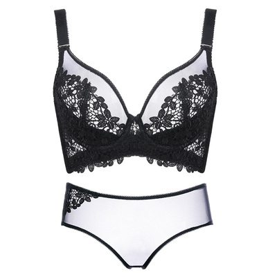 超薄文胸套装透明性感黑色大胸显小全罩杯大码胖mm夏天内衣女薄款-淘宝网