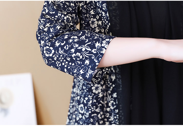 Chinese style improved cheongsam suit skirt female 2018 autumn new cotton and linen printed cardigan take two pieces Dress