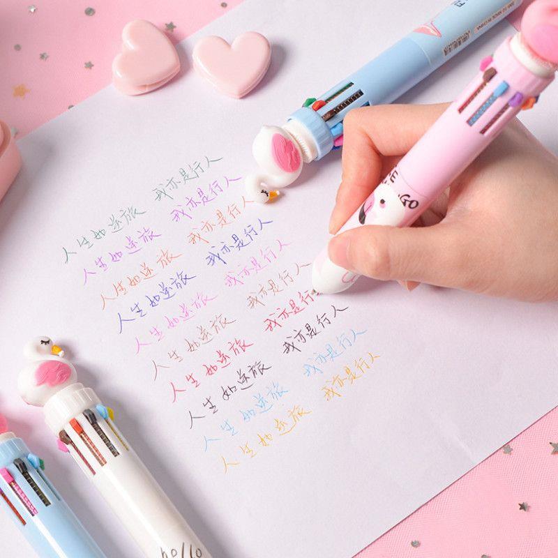 Multi-Color Ballpoint Pen Primary School Student Gift for School Opens Cartoon Animal Ten-Color Ballpoint Pen Student Studying Stationery Pens for Writing Letters