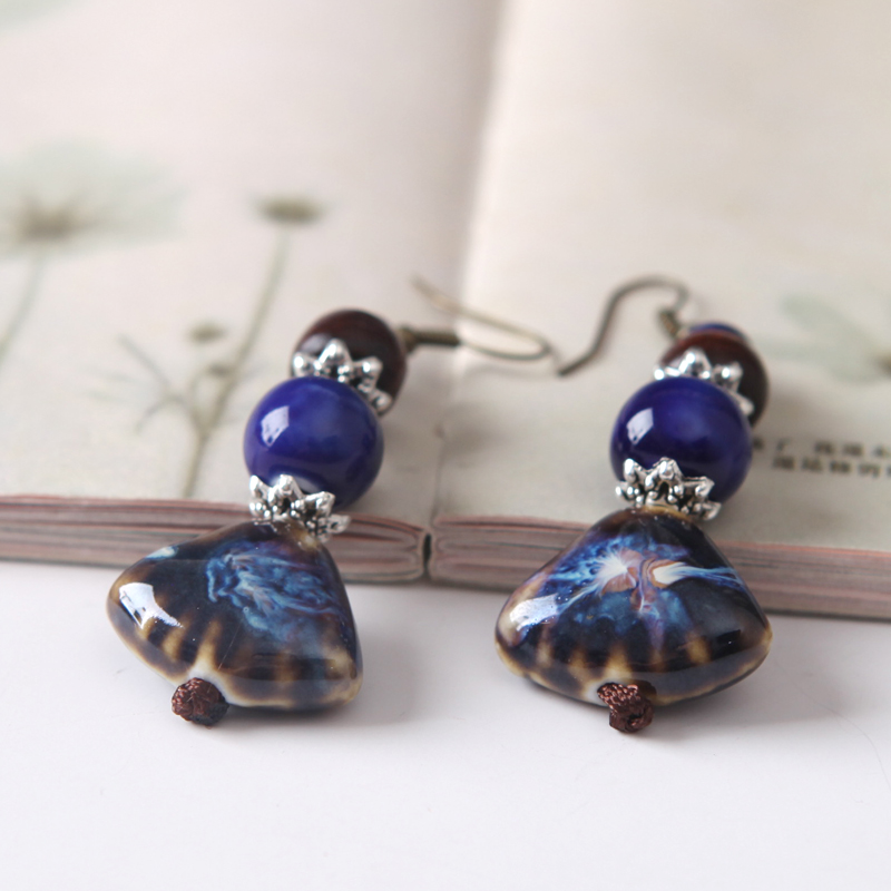 Fan type earrings QingGe blue ceramic national wind restoring ancient ways is exaggerated earrings the original manual street source of ears