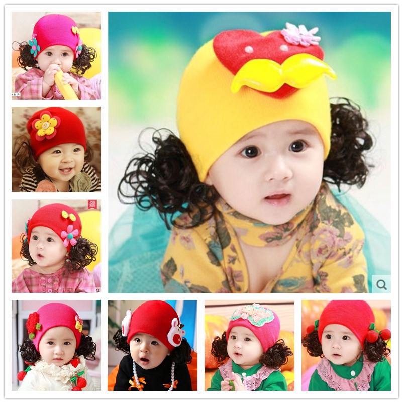 秋鼕季女寶寶毛線帽鼕天小女孩針織帽韓版女童假發帽嬰兒公主帽子
