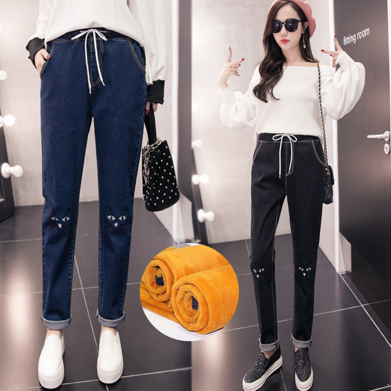 百搭顯瘦寬松加厚胖mm鼕季女褲子2017新款學生韓版加絨牛仔褲女潮