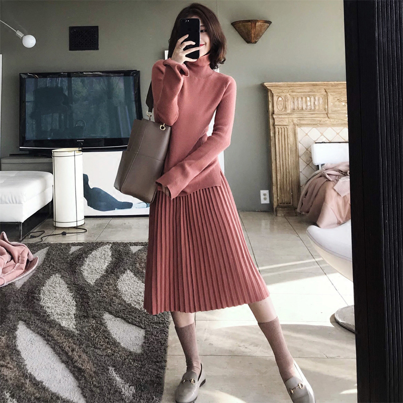 2017秋鼕季女裝新款高領針織衫套裝裙時髦A字百褶裙兩件套連衣裙
