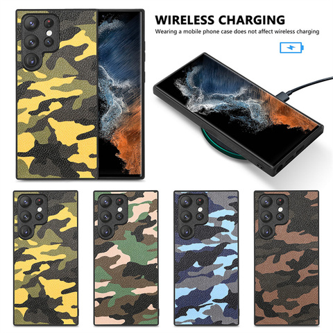 Camouflage Pattern Leather Wireless Charging Compatible S23, S23 Plus, S23 Ultra Samsung Phone Case