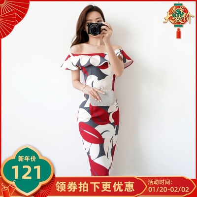 2019夏季新款韩版复古印花一字领露肩性感女人味修身包臀连衣裙女-淘宝网