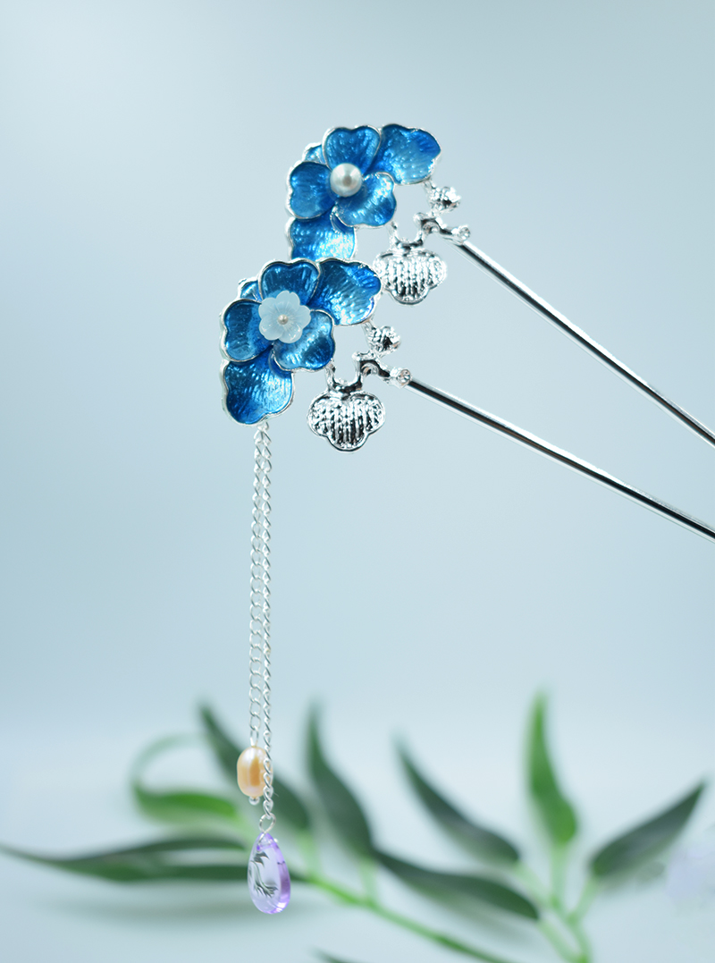 Original literary fan retro fresh burnt blue lotus leaf hairpin Hanfu headdress fairy freshwater pearl tassel girl