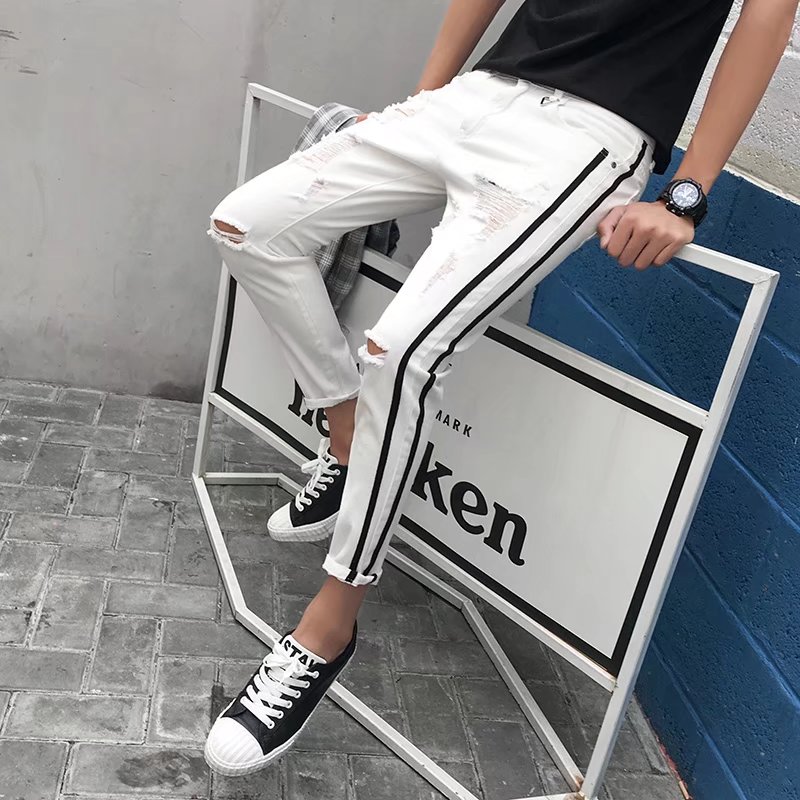 ripped jeans mâle han édition de la marée la marée la marque slim fit pieds pantalons hommes neuf points de pantalon joker mendiant pantalons sous - ripped jeans mâle han édition de la marée la marée la marque slim fit pieds pantalons hommes neuf points de pantalon joker mendiant pantalons sous -