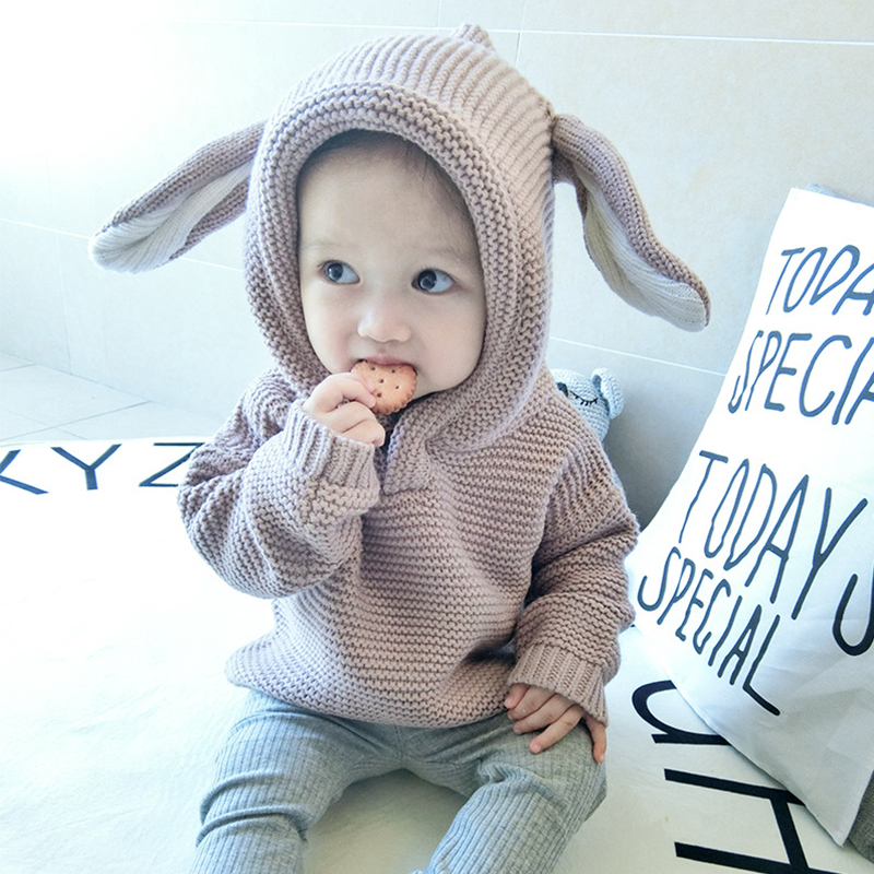 秋季新款童裝 韓版女童寶寶兔耳朵純色毛衣外套 嬰幼兒男寶針織衫