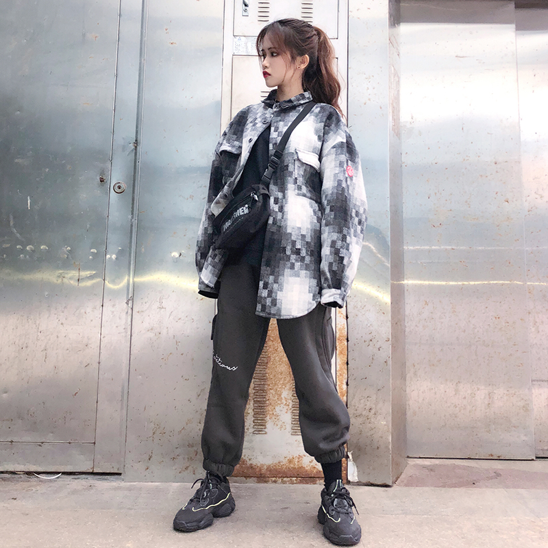 Sishu Chaoshe F426 mosaic plaid woolen long sleeve shirt jacket men and women couple tide brand jacket