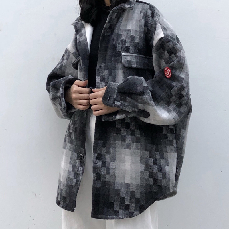 Sishu Chaoshe F426 mosaic plaid woolen long sleeve shirt jacket men and women couple tide brand jacket