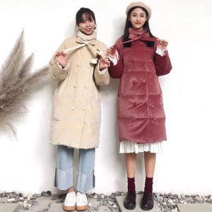 2018冬新款90白鸭绒灯芯绒加厚羽绒服女中长款外套学院面包服 2色