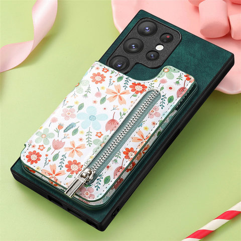 Girls Chic Stylish Flower Zipper Card Holder Kickstand S23, S23 Plus, S23 Ultra, S22, S22 Plus, S22 Ultra, S21, S21 Plus, S21