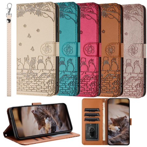 Embossed Cats On Wall Wallets Folio Flip Magnetic Synthetic Leather Card Holder Folding Stand A54, A34, A24, A14, S23, S23